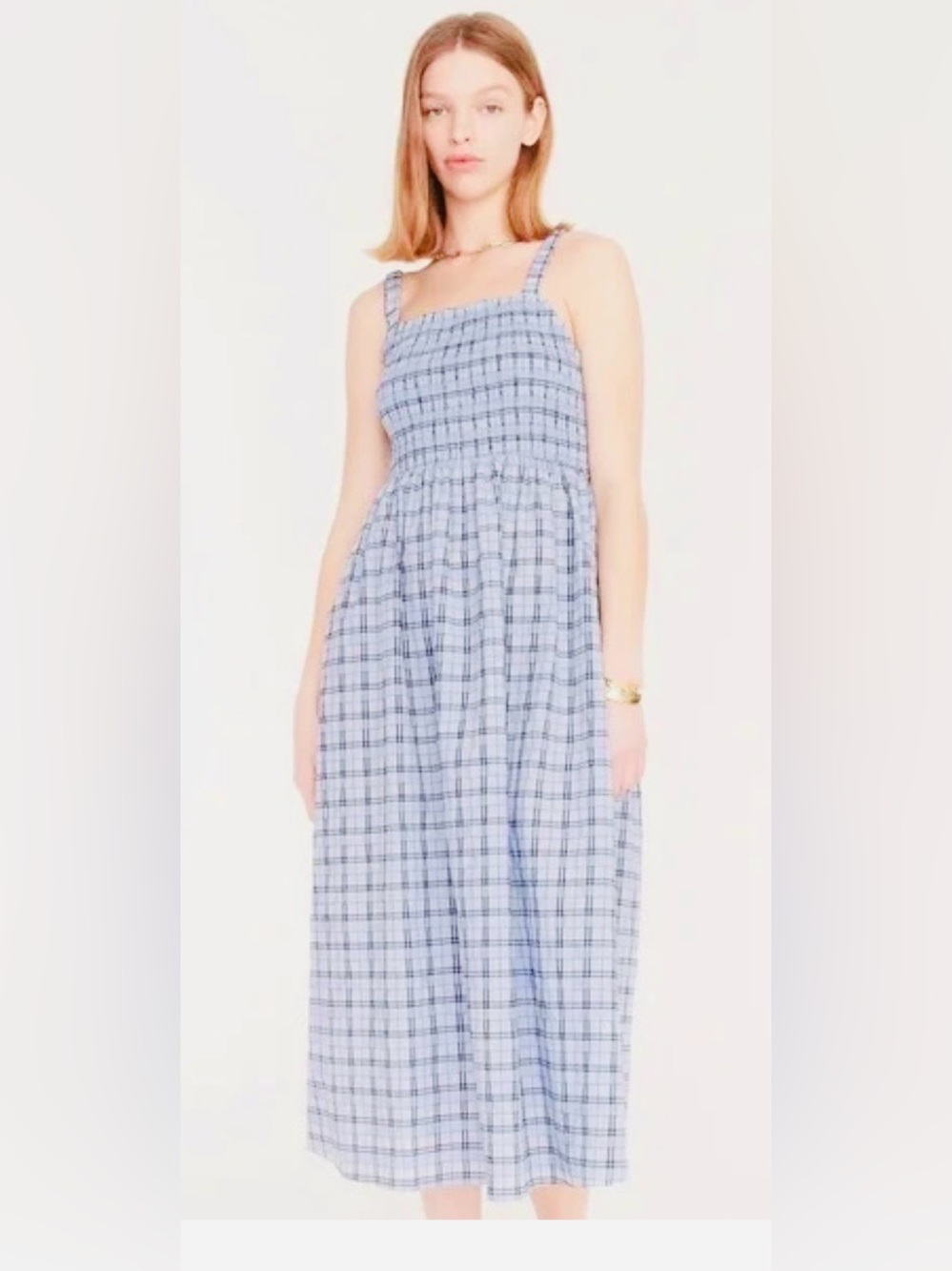 J. Crew Blue Plaid Smocked Midi Dress